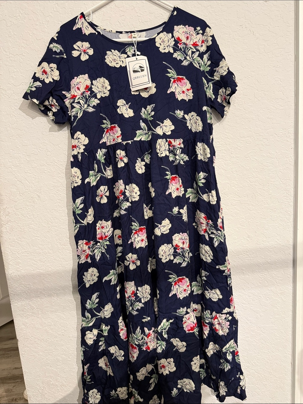 Navy Floral Maxi Dress with Short Sleeves